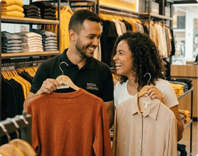 Casal de funcionários sorrindo em loja